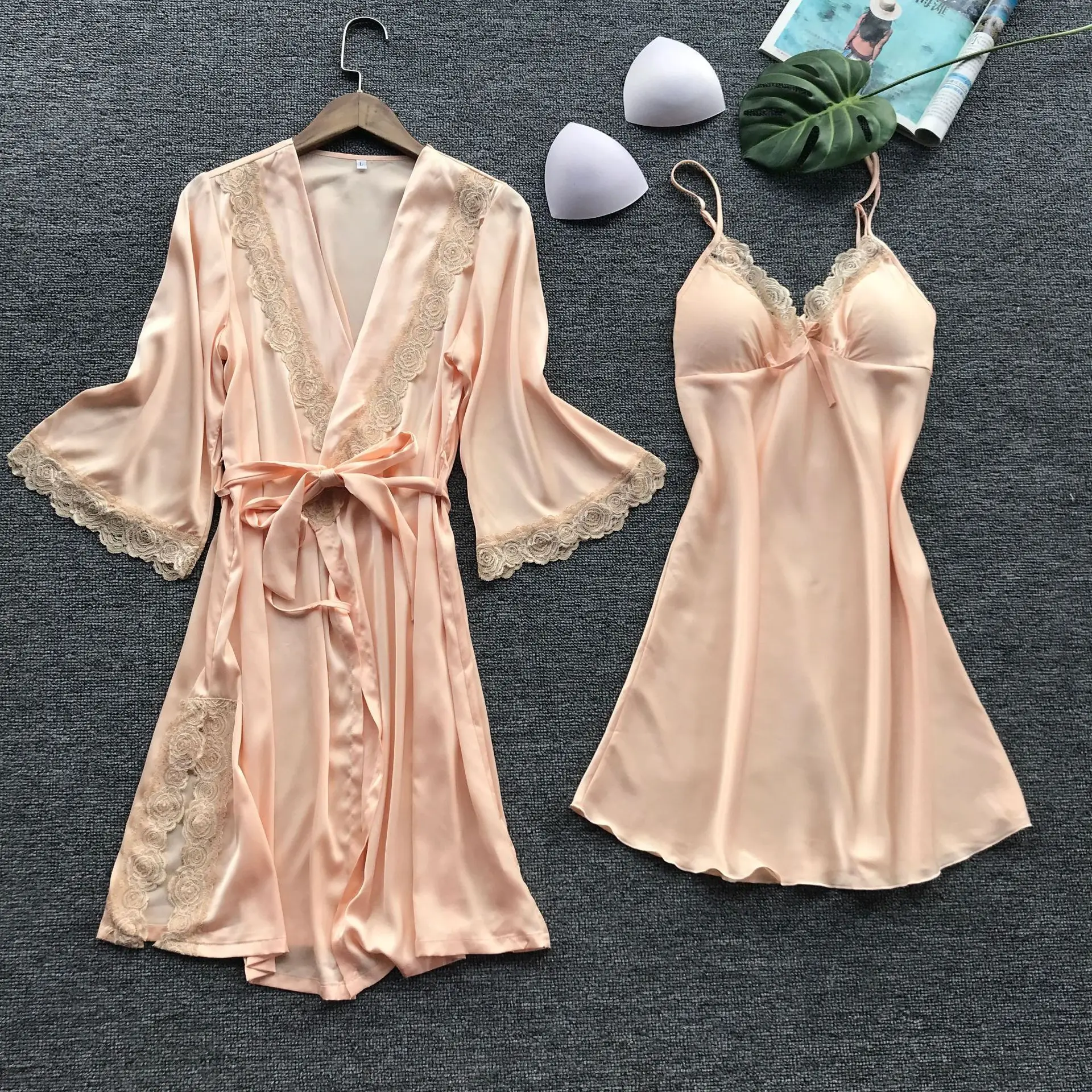 2Pcs Satin Robe Sleep Suit V-Neck Wedding Nightwear