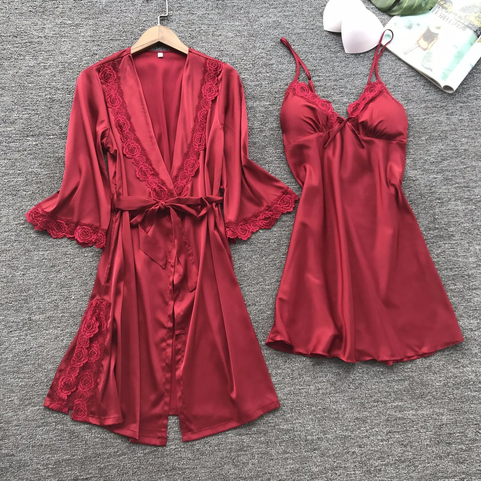 2Pcs Satin Robe Sleep Suit V-Neck Wedding Nightwear