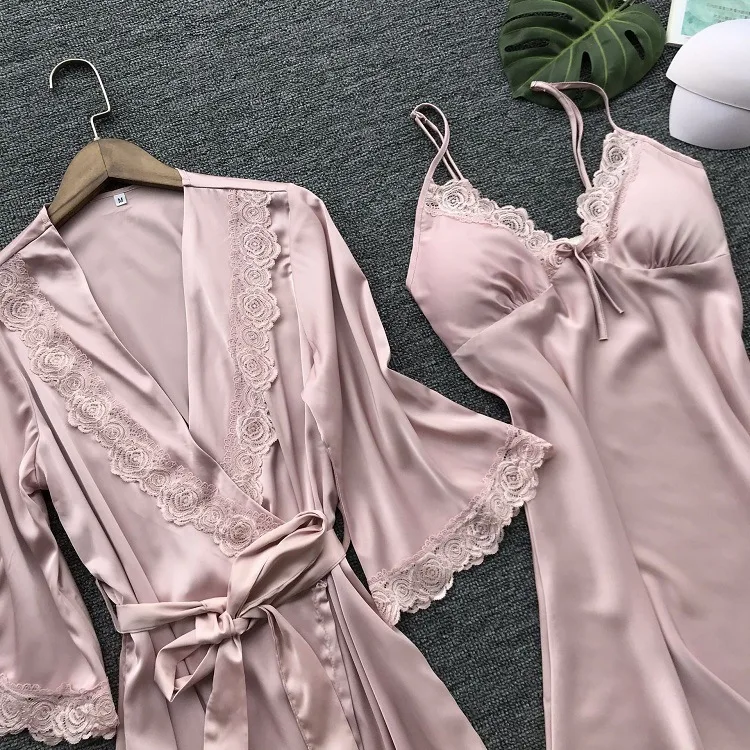 2Pcs Satin Robe Sleep Suit V-Neck Wedding Nightwear