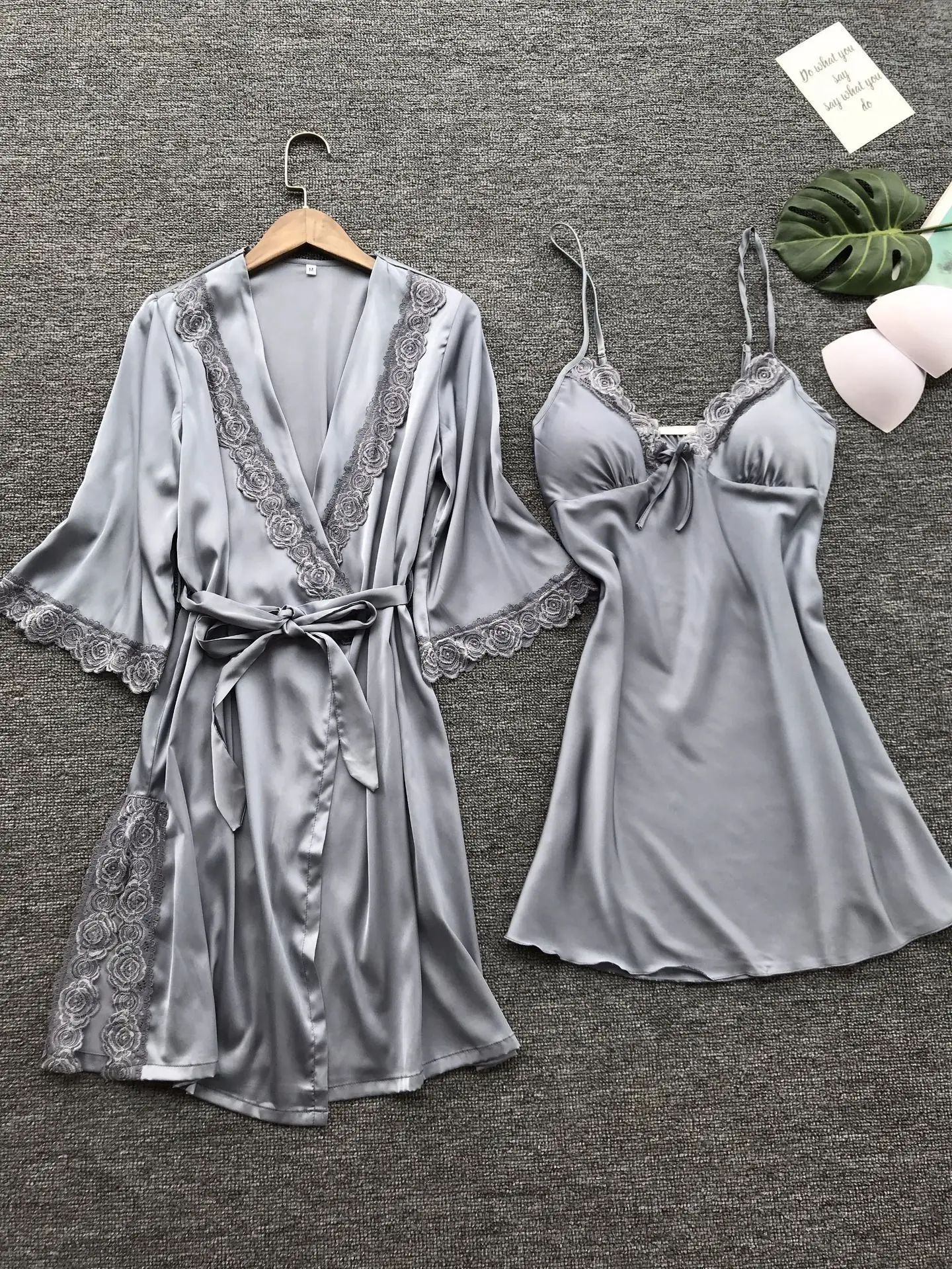 2Pcs Satin Robe Sleep Suit V-Neck Wedding Nightwear