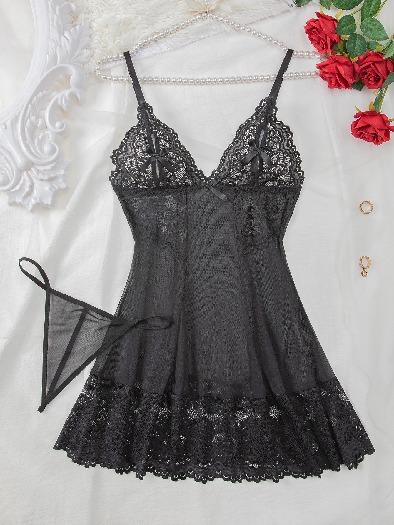 Sexy Lace Chemise Bow Mini Dress V Neck Lingerie