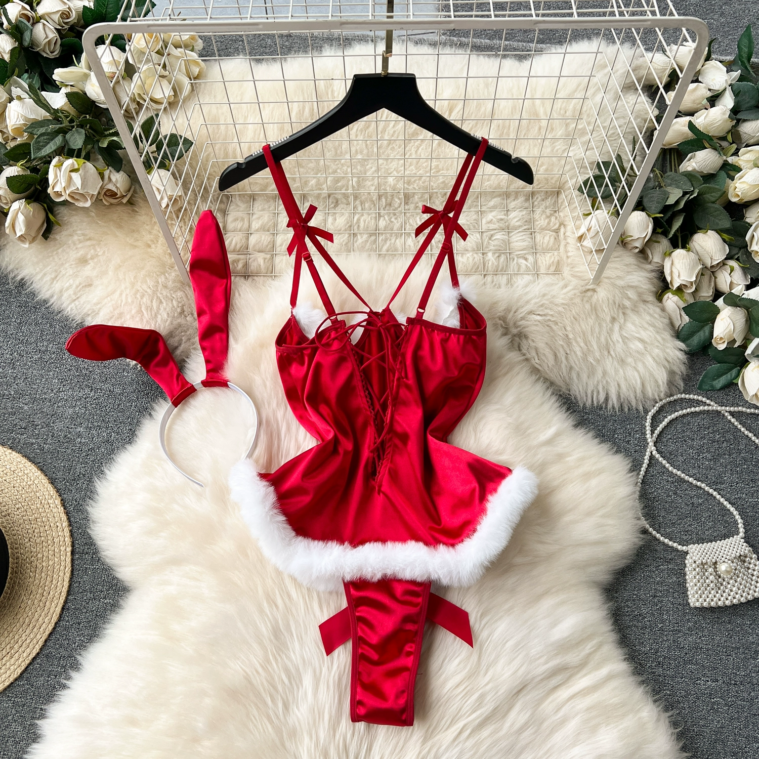 Sexy Christmas Hot Bunny Fur Combination Strappy Rompers