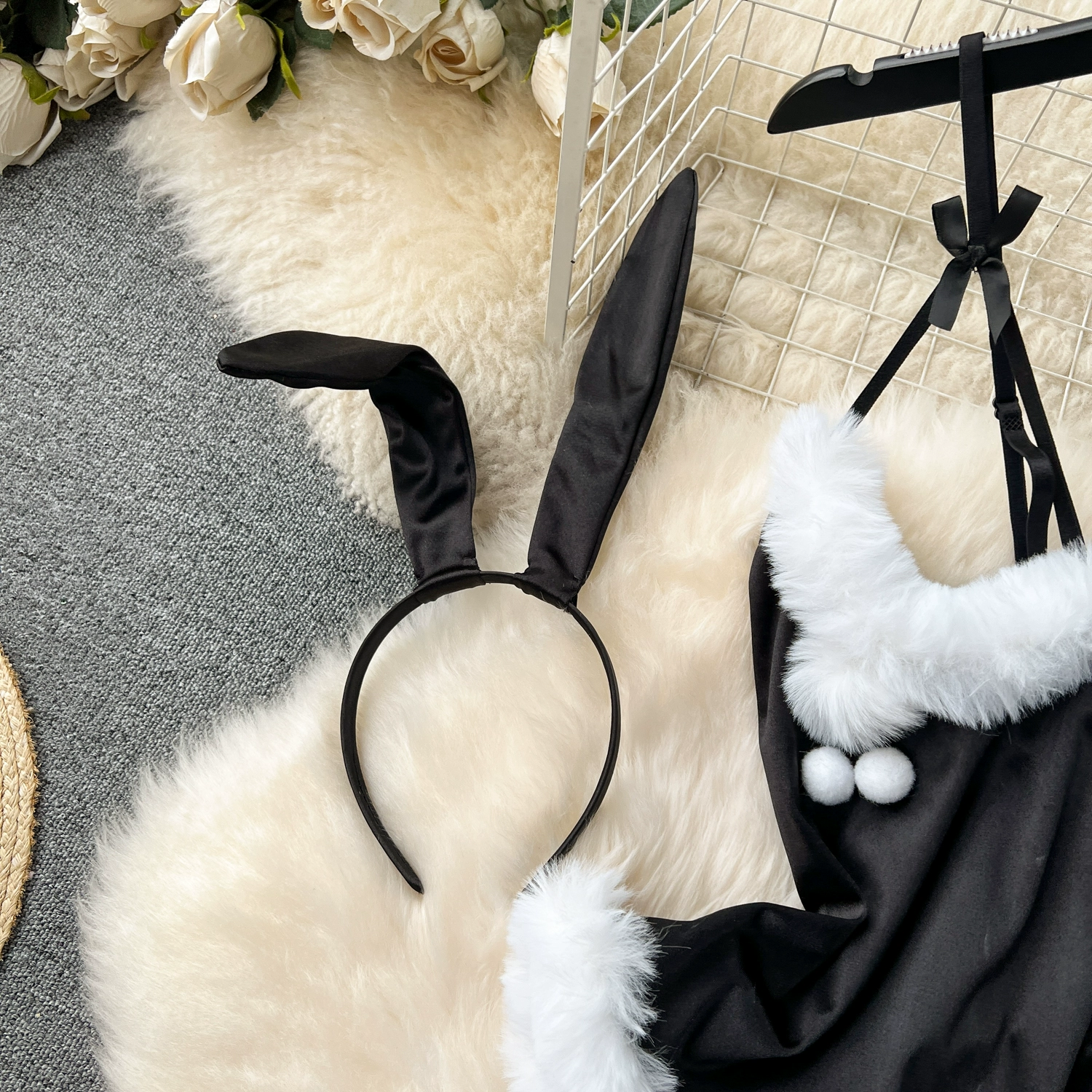 Sexy Christmas Hot Bunny Fur Combination Strappy Rompers