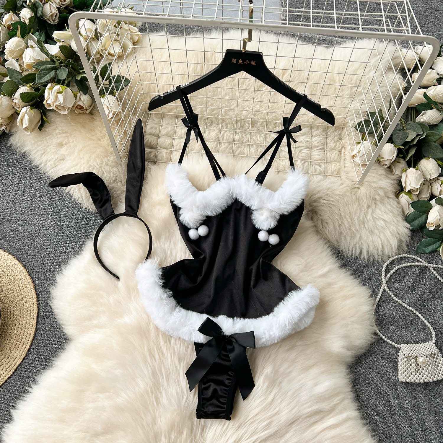 Sexy Christmas Hot Bunny Fur Combination Strappy Rompers