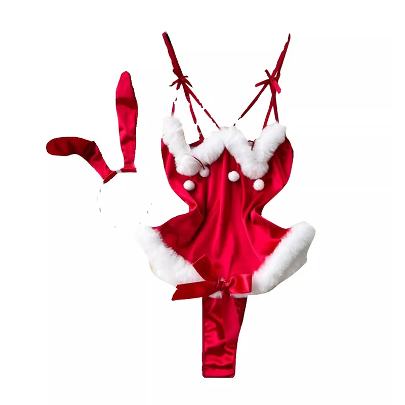 Sexy Christmas Hot Bunny Fur Combination Strappy Rompers