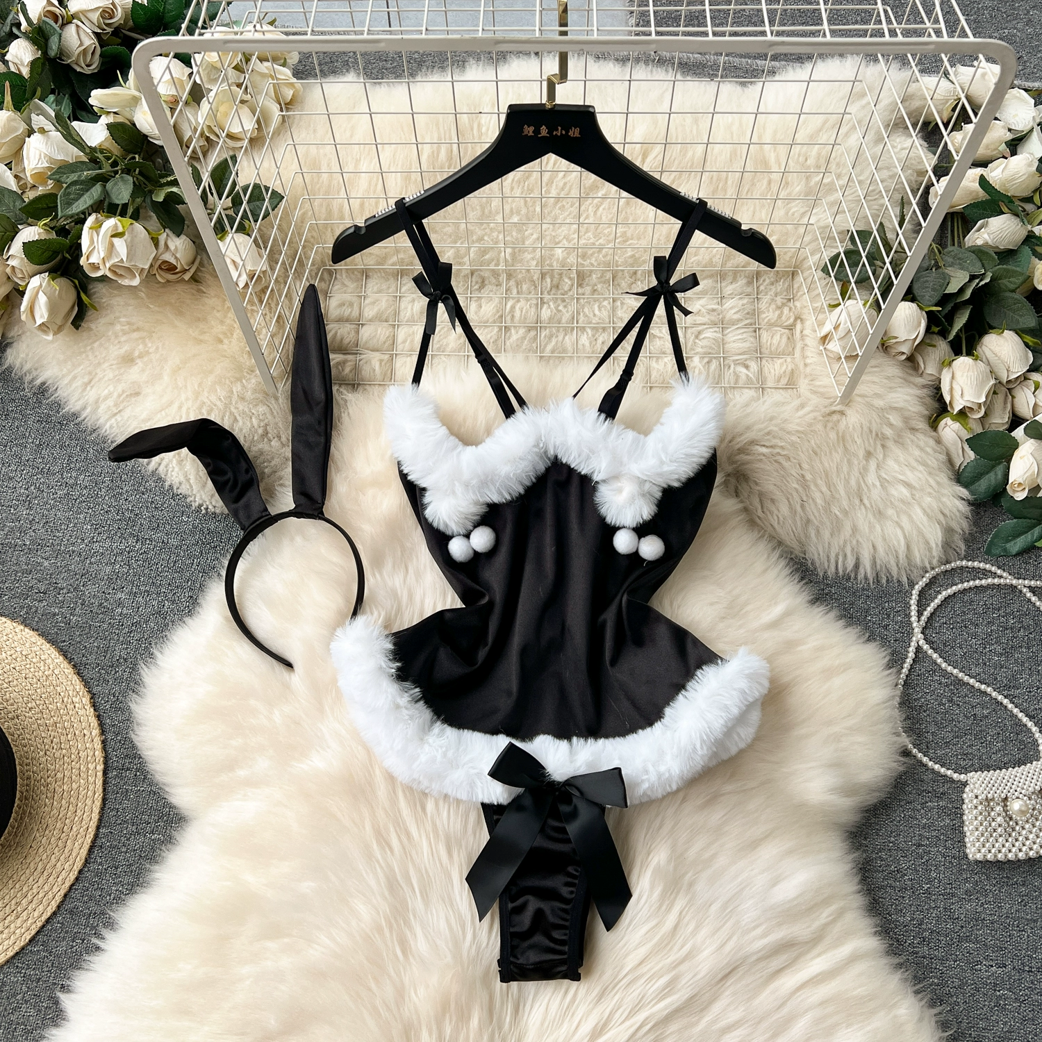 Sexy Christmas Hot Bunny Fur Combination Strappy Rompers